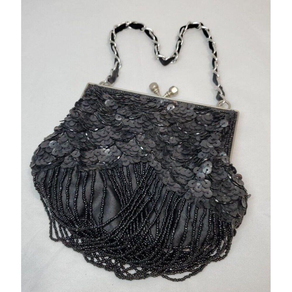 Betsey Johnson Rare Beaded Formal Bag Black Beads And Sequins Silver Hardware